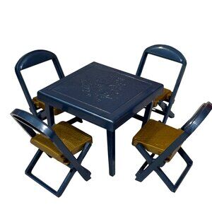Vintage Renwal Dollhouse Miniature Folding Card Table & 4 Chairs Set Blue Gold